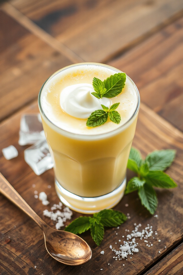 mint garnished sweet lassi